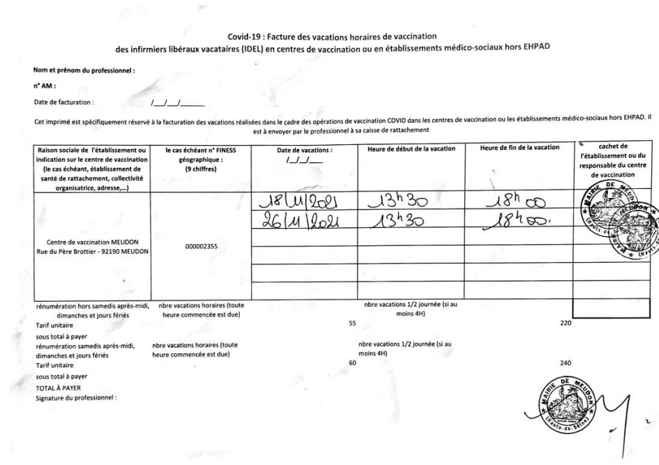 Actes infirmiers covid-19 : facture des vacations horaires de vaccination