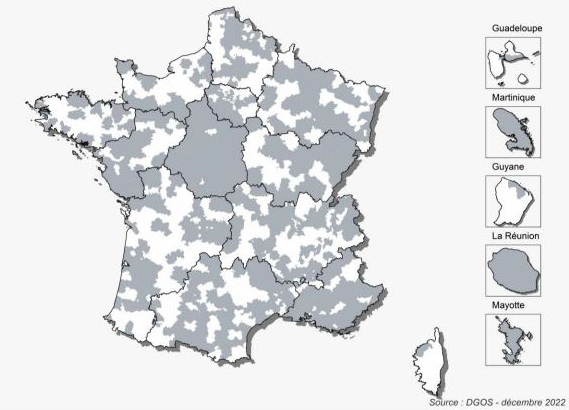 Répartition des zones non couvertes (zones blanches) par une CPTS en décembre 2022